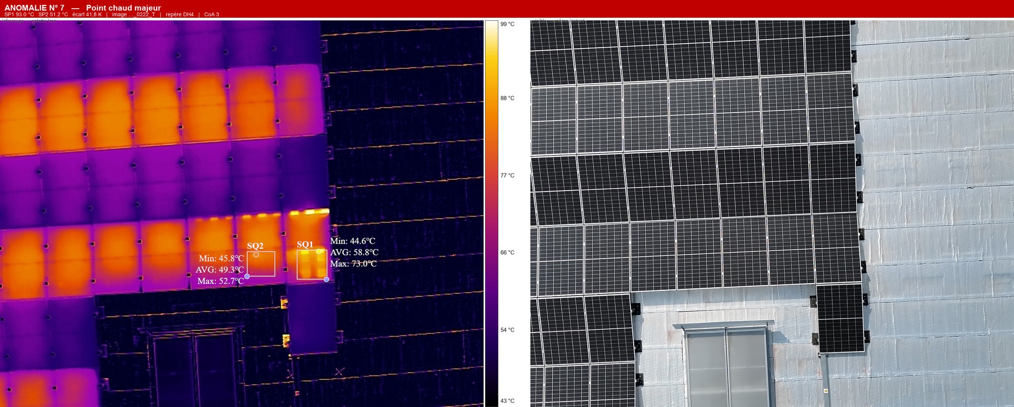 Point chaud majeur détecté par thermographie infrarouge sur une toiture photovoltaïque